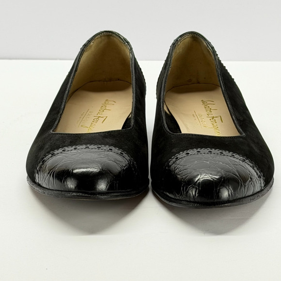 Salvatore Ferragamo Black Leather Suede Ballet Flats Women Sz 7B Slip On Classic - Picture 9 of 12